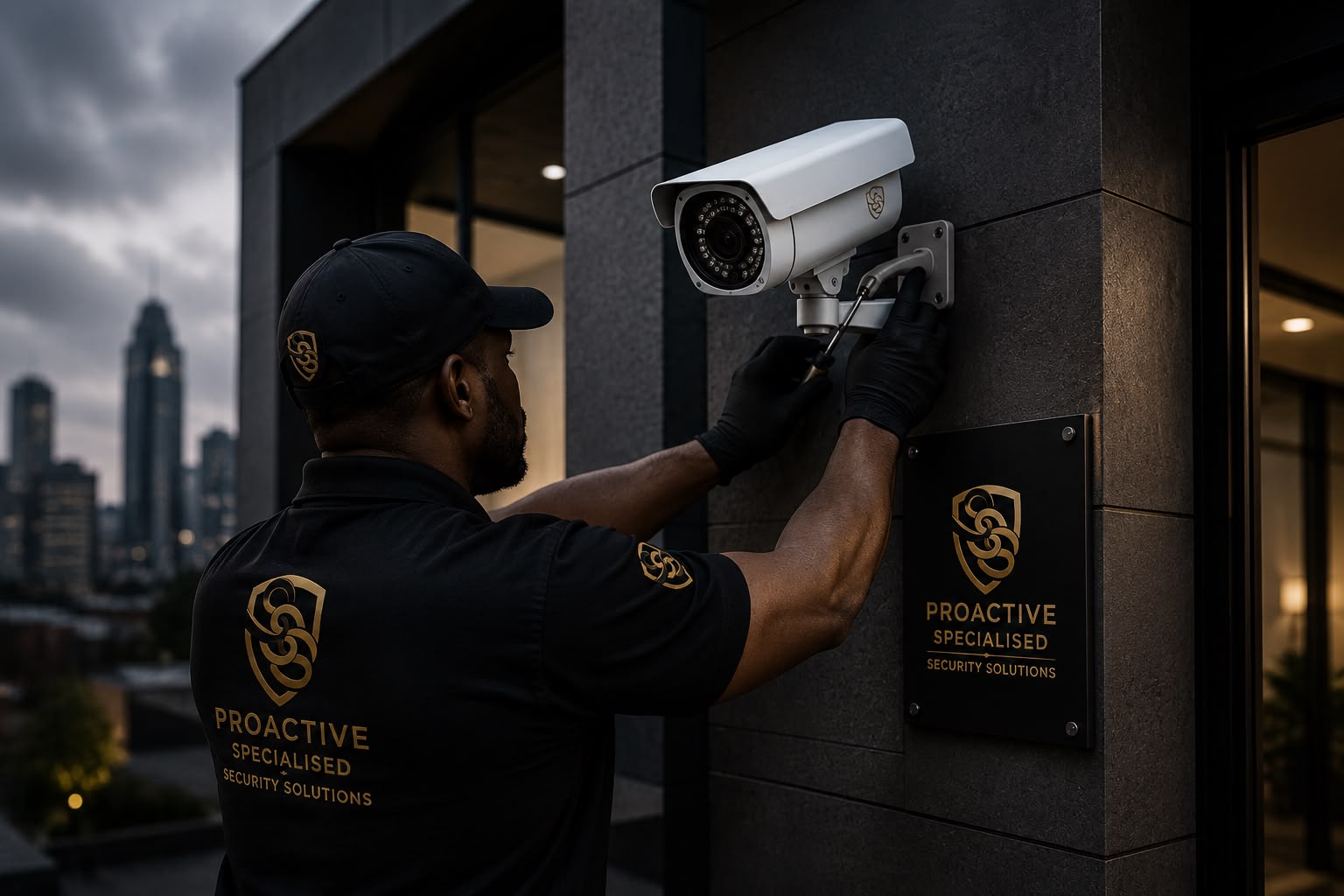 PSSS technician installing a high-definition IP CCTV camera beside the branded logo plate