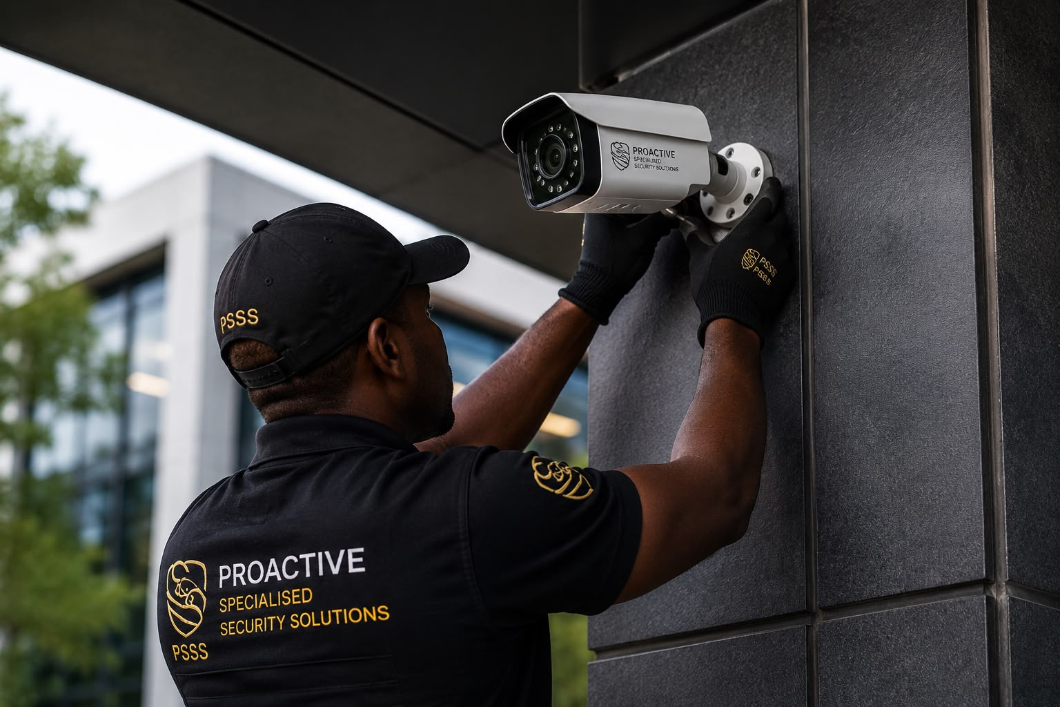 PSSS technician installing a high-definition IP CCTV camera