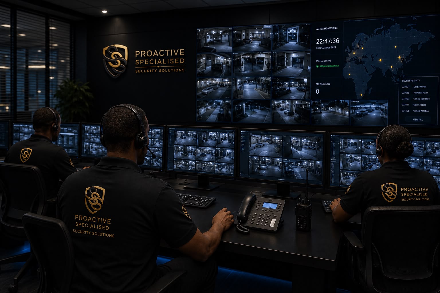 PSSS operators monitoring live CCTV feeds in the 24/7 control room