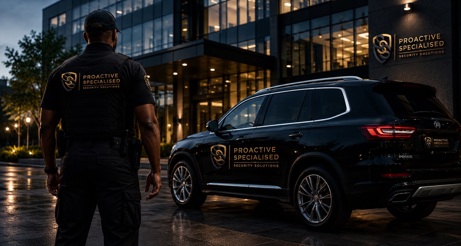 PSSS officer and branded response vehicle outside a corporate site at dusk