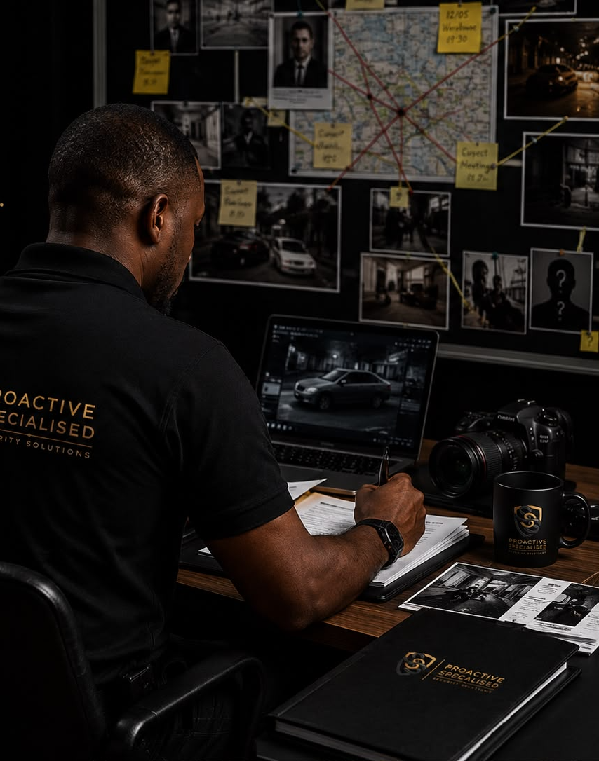 PSSS investigator reviewing evidence and case files at a workstation