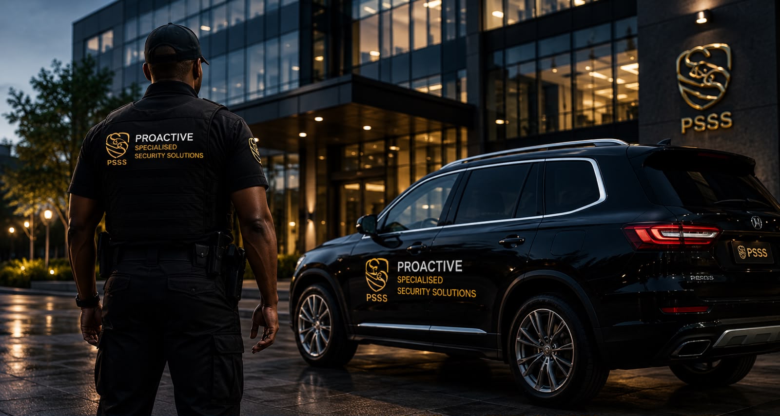 PSSS officer and patrol vehicle at a corporate site at dusk